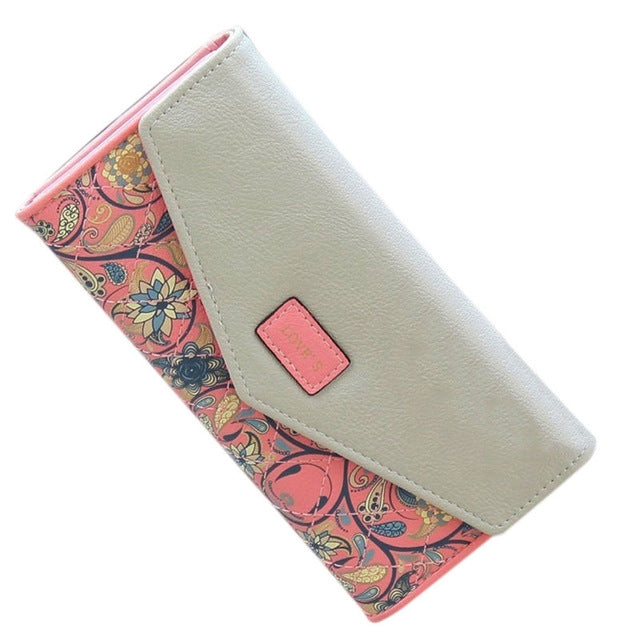 Light blue leather clutch wallet with floral lining and coin pocket