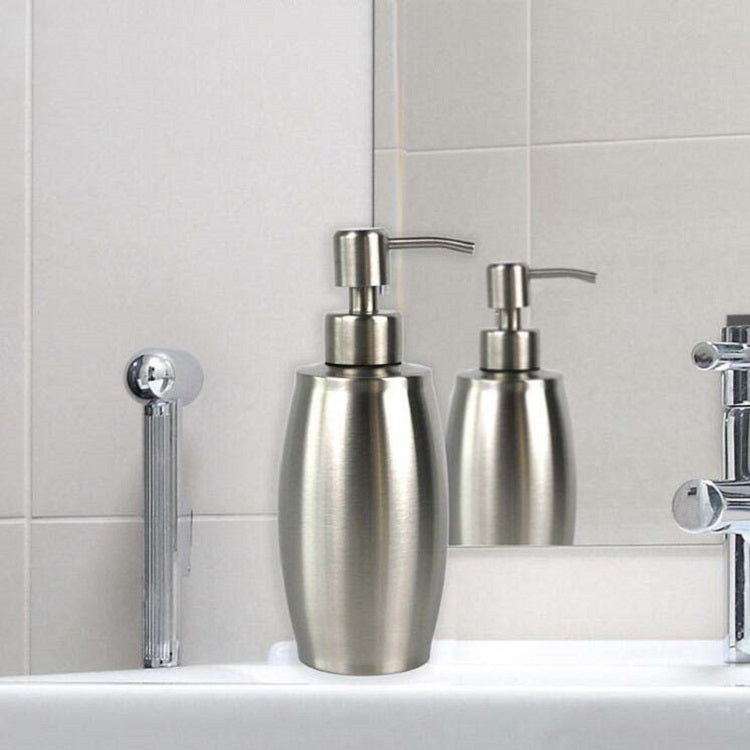 Pair of stainless steel oval soap sanitizer dispensers with metal pumps