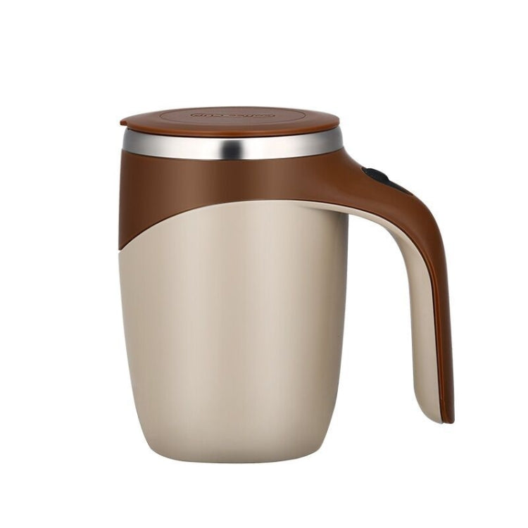 Electric brown stirring cup with handle and stainless lid.