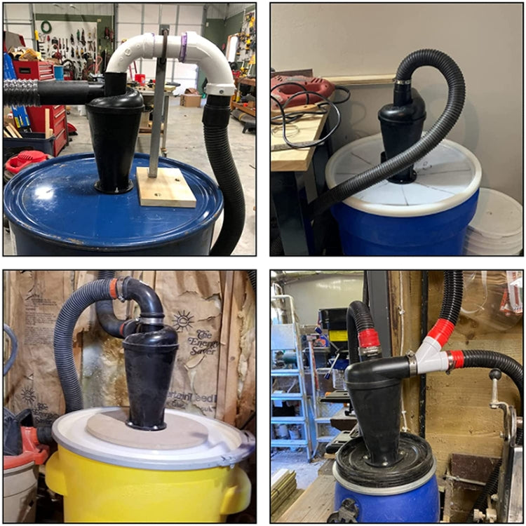 Industrial dust collector with blue canister and flexible hose connections
