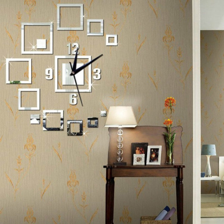 Silver square acrylic mirror wall clock with black hands and raised number markers