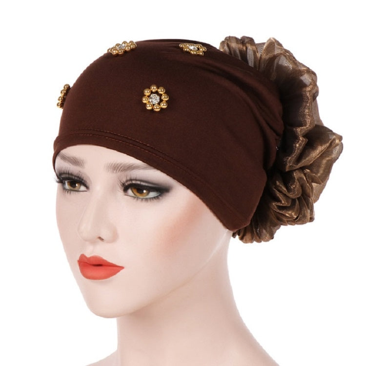 Women’s beaded flower turban hat in dark brown with ruched back flower decoration