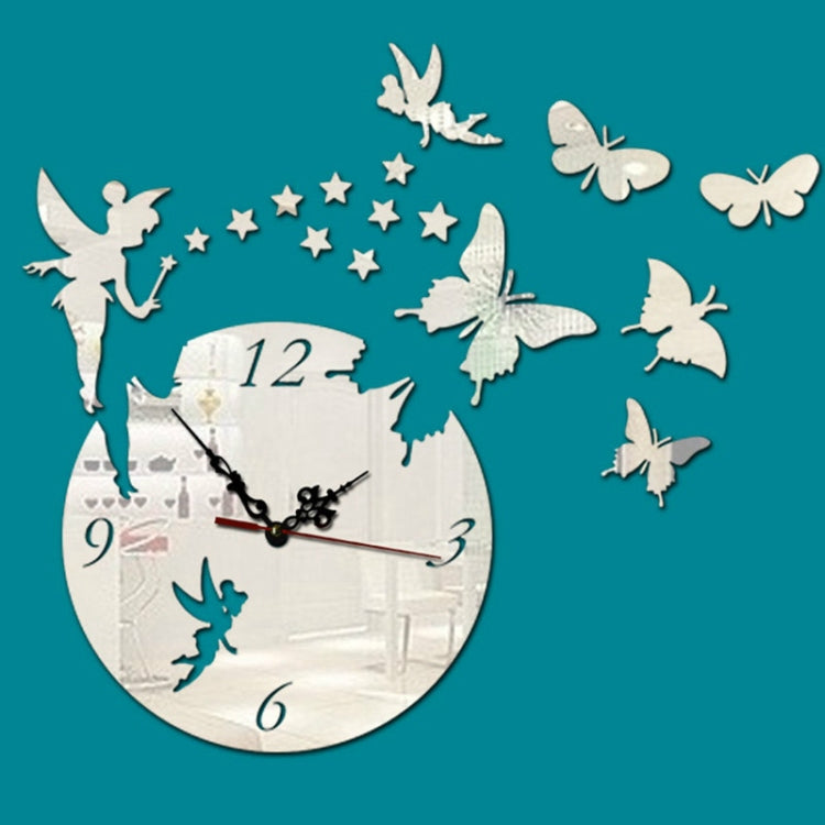 Silver-toned round wall clock with butterfly and star decals, teal numerals and hands