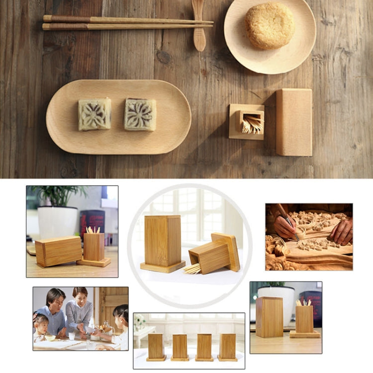 Pair of bamboo square toothpick storage boxes with lids, multiple angles shown