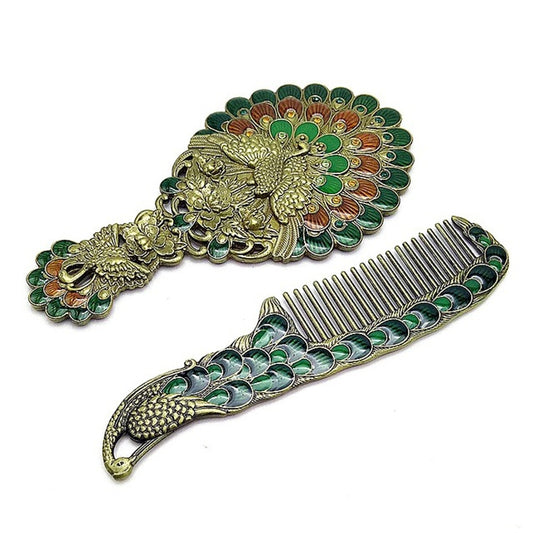 Vintage Handle Peacock Mirror Gift Box Comb Two-piece Portable Makeup Mirror