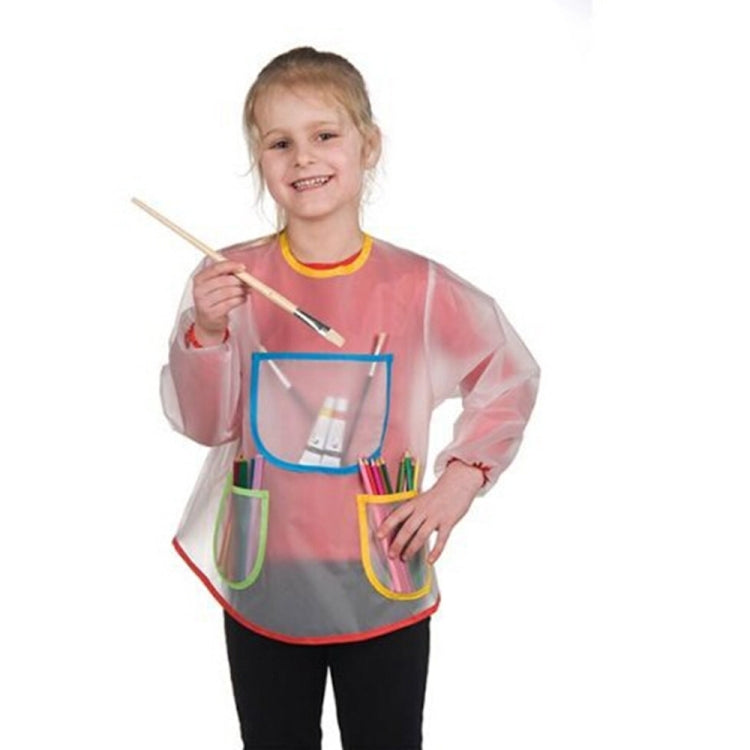 Child wearing transparent waterproof art apron with multicolor pocket panels