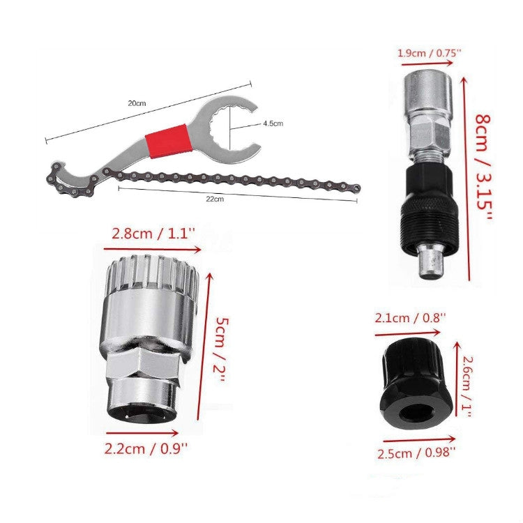 Bicycle repair tool set size diagram showing chain wrench and socket adapters with measurements