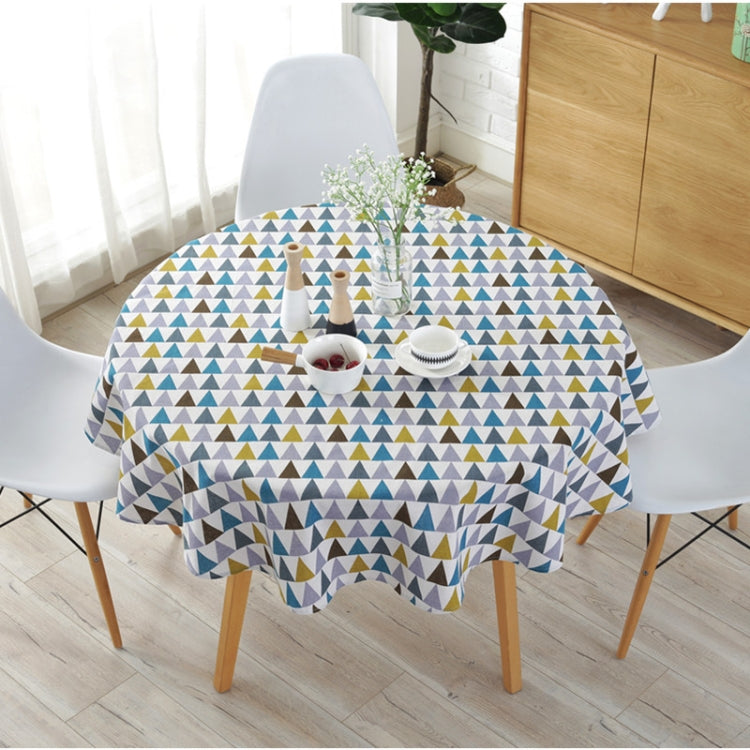 Round tablecloth with blue, yellow, and white triangle geometric pattern, dust-proof printed fabric