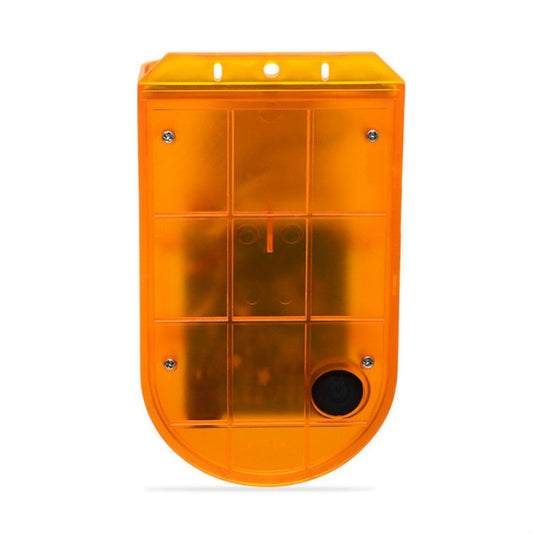 Orange solar alarm light back panel with screw corners and round speaker opening.