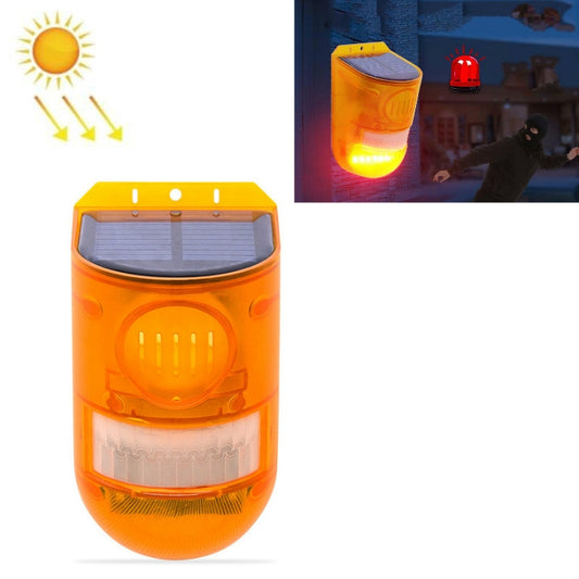 Orange solar motion alarm light with top solar panel and front warning lens cover.