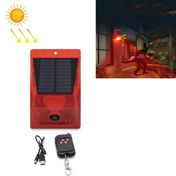 Red solar alarm light set with remote control, key fob, and charging cable.