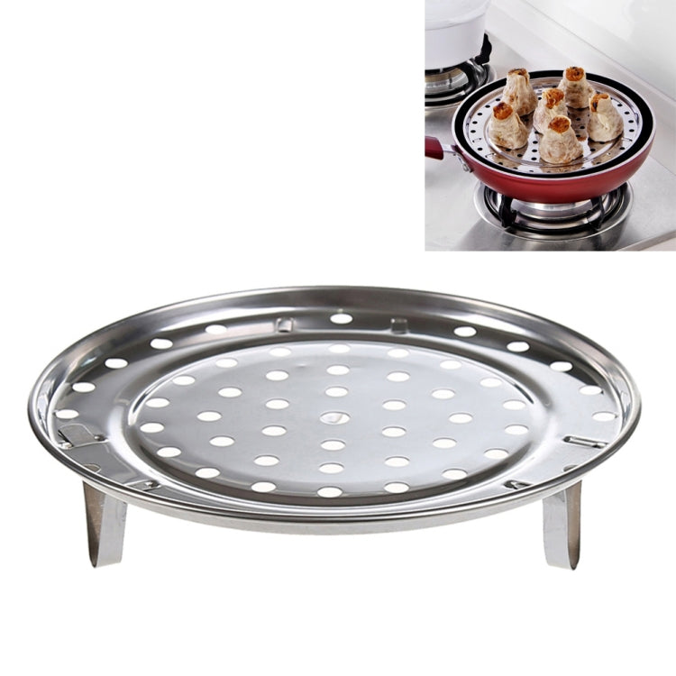 Stainless steel round steaming tray with evenly spaced holes and multiple support legs