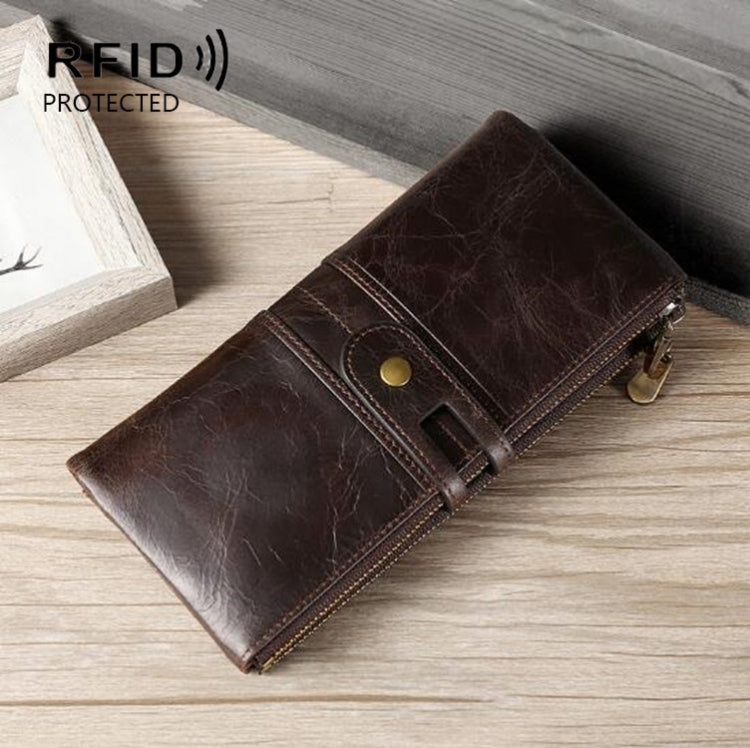 Dark brown genuine leather long wallet with zipper closure and front snap strap