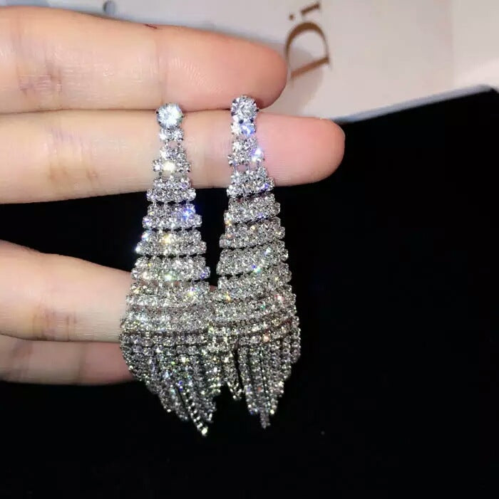 Silver rhinestone tassel clip earrings, long tiered drape with sparkling crystal rows