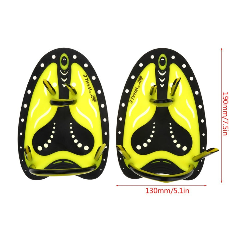 Pair of neon yellow and black hand webbed swim gloves with wrist strap and finger webbing