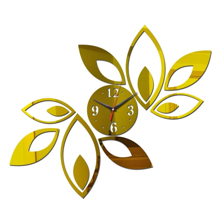 Floral 3D mirror wall clock sticker with gold round clock face and leaf petals