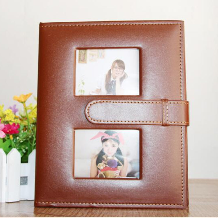 Brown PU leather family photo album with two photo windows and adjustable clasp strap
