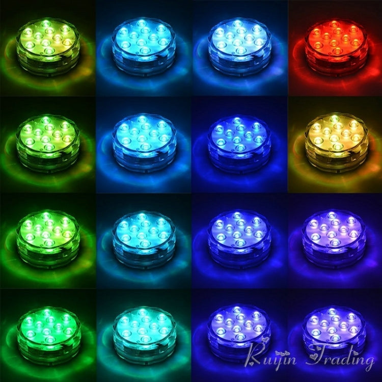 Grid of RGB underwater LED lights showing green, blue, red, and yellow glow through lenses.