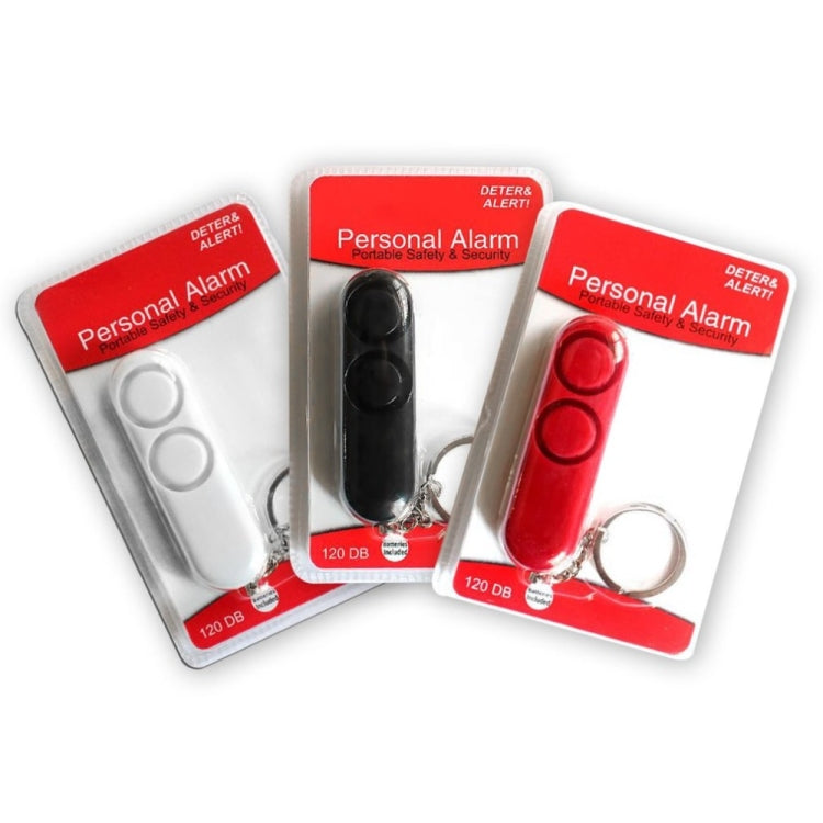 Personal alarm keychain packages with red, black, and white dual-speaker devices and key rings.