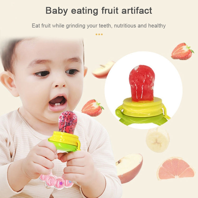 Baby fruit food feeding bottle with handle, green lid and red silicone nipple