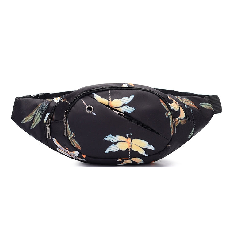 Black waist bag with yellow and blue flower print, front zipper and adjustable strap