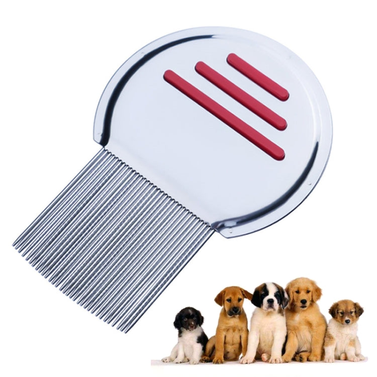 Pet flea needle comb close-up with stainless steel needle teeth and red accent bars