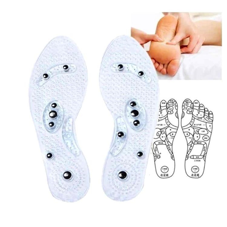 Pair of white breathable running insoles with massage nodes and supportive arch contour