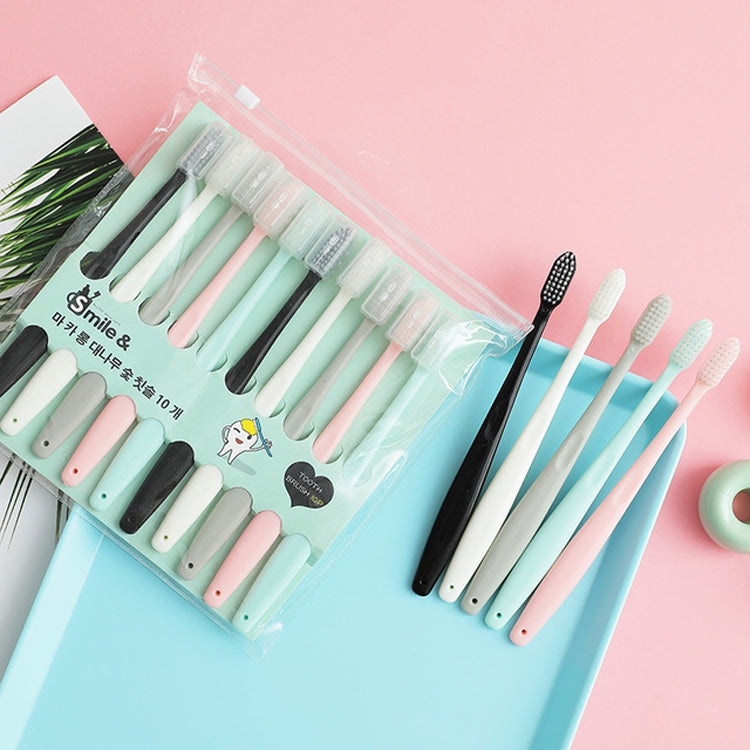 10-piece toothbrush set with soft bristles in blister pack, assorted black, mint, and pink handles