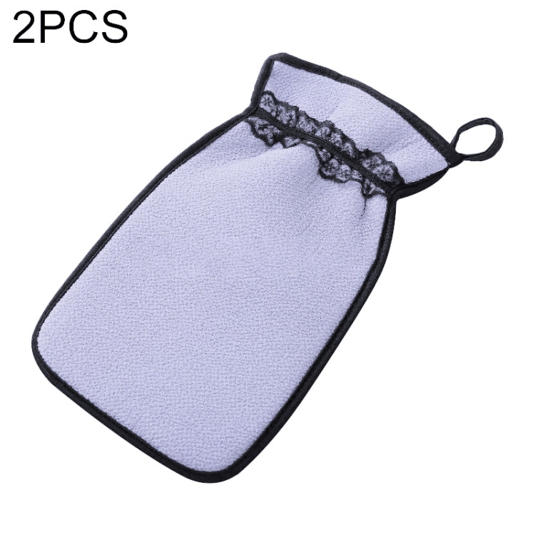 2-pack exfoliating shower bath gloves, light purple textured scrub mitt with black lace trim