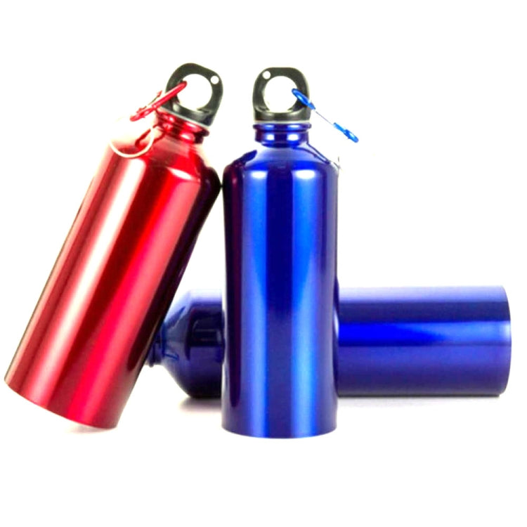 Pair of aluminum water bottles in red and blue with black carry loops