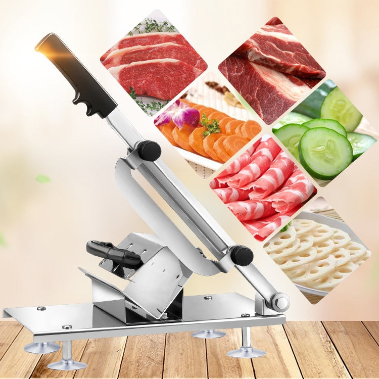 Stainless steel manual slicer with black handle and interchangeable food slicing plates
