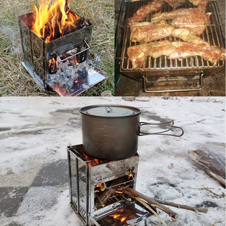 Outdoor folding grill stove with metal pot on top and visible flames inside