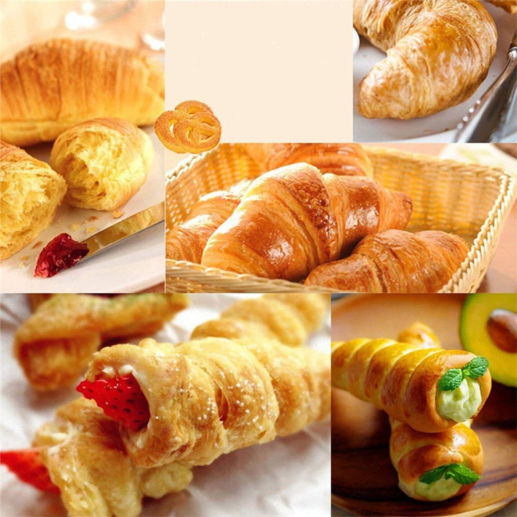 Assorted baked pastry horns with golden flaky crusts, creamy filling visible