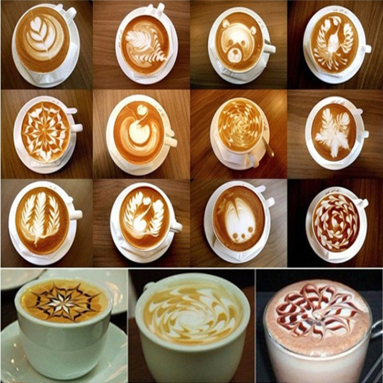 Coffee latte art stencil set with leaf and flower designs on cappuccino cups
