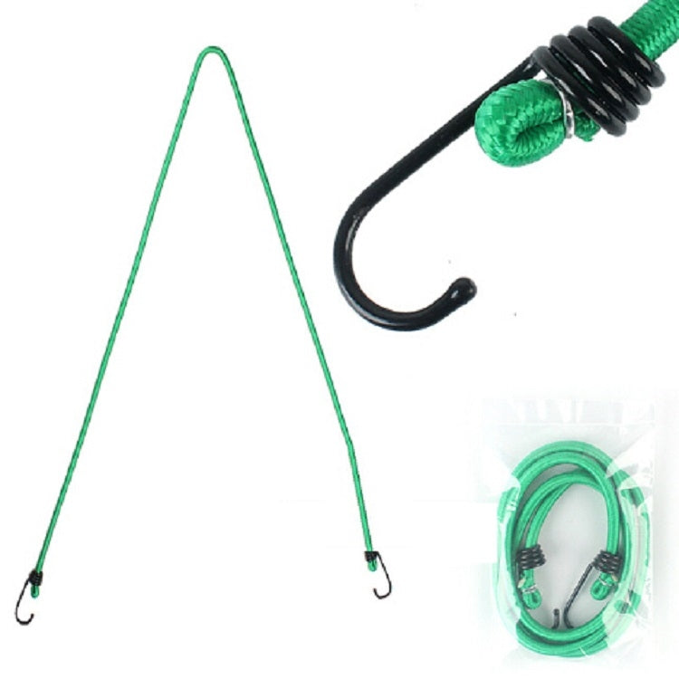 Green elastic bundling rope with metal hooks and black stretch coil, camping tie-down