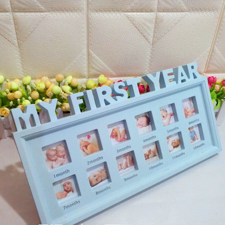 Blue baby photo frame with "My First Year" title and 12 monthly photo slots