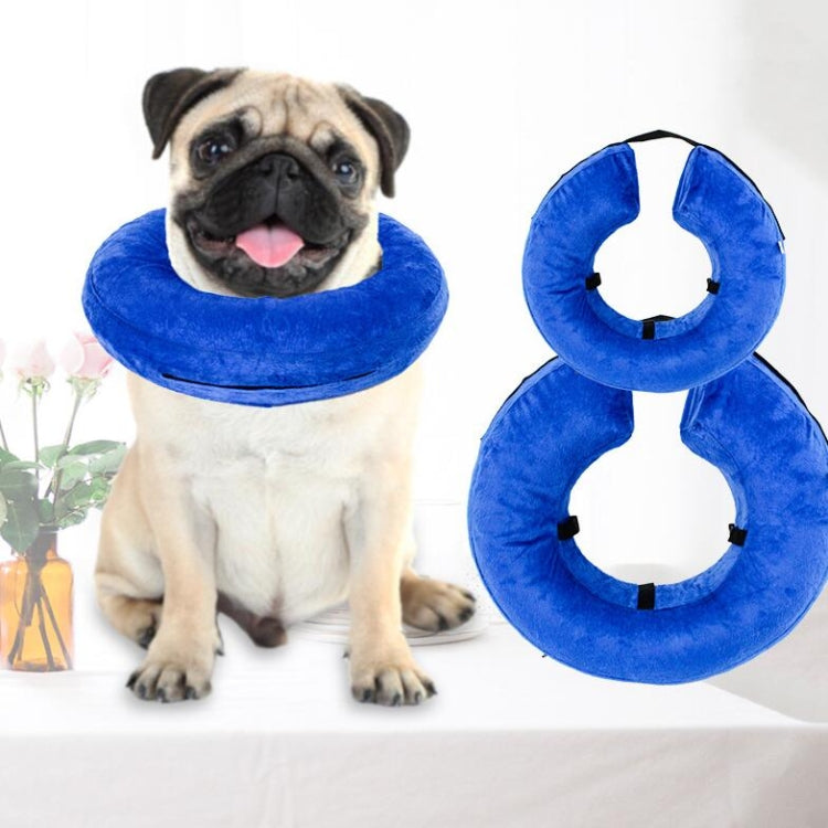 Blue inflatable dog neck collar with black hook-and-loop tabs, shown beside folded collar