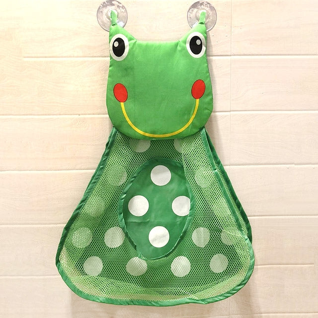 Frog-shaped mesh storage bag with dotted pattern and loop handles