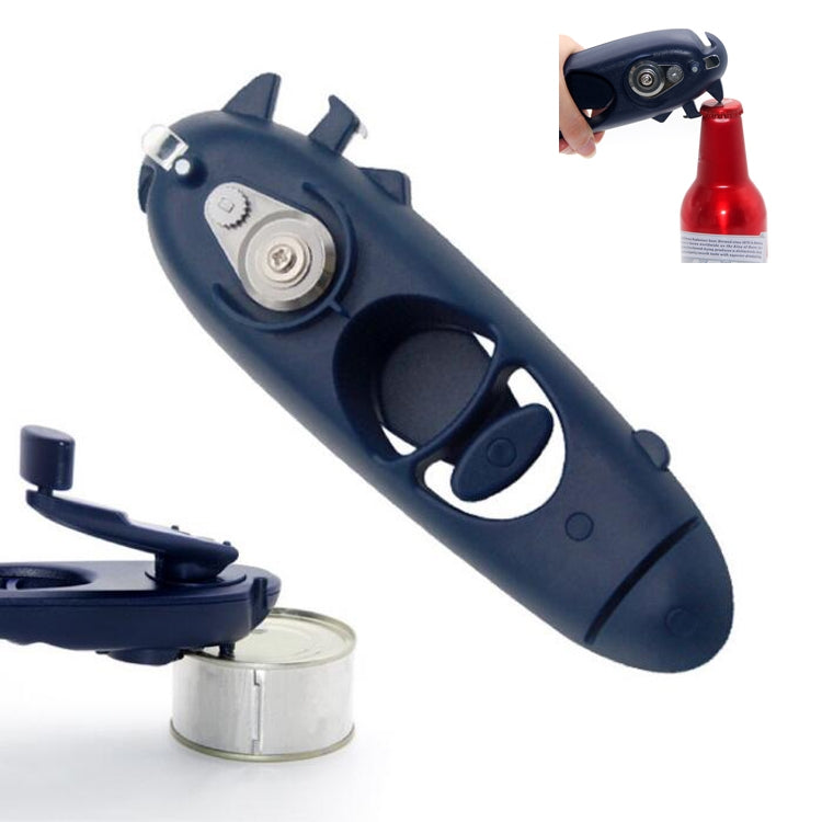Dark blue handheld multifunction bottle opener with can-crimping wheel and handle grip.