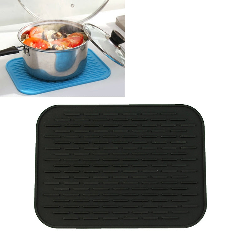 Black silicone heat-insulation pot mat, rounded rectangular with textured grip surface