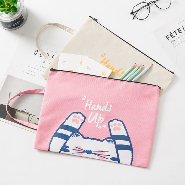 Pink canvas file pouch with zipper, cute cat illustration and 'Hands Up' print