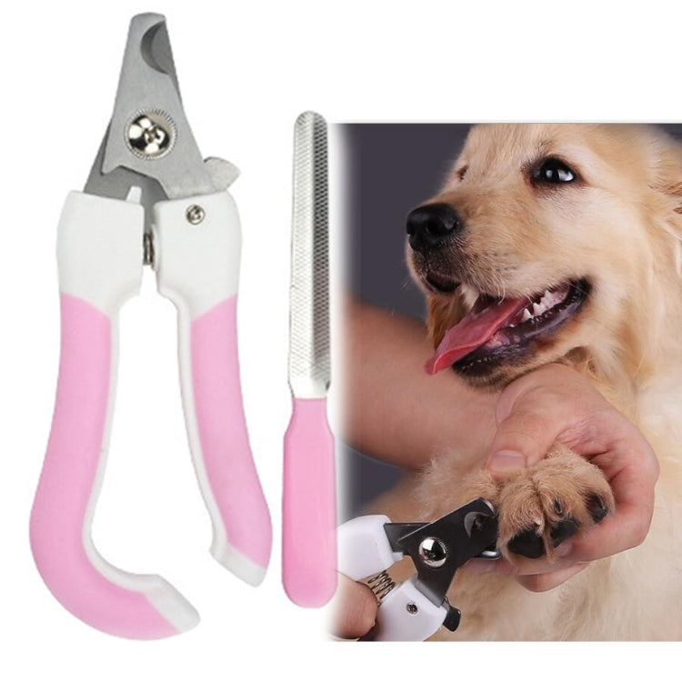 Two-piece pet nail clipper and file set with pink-and-white handles, includes stainless file