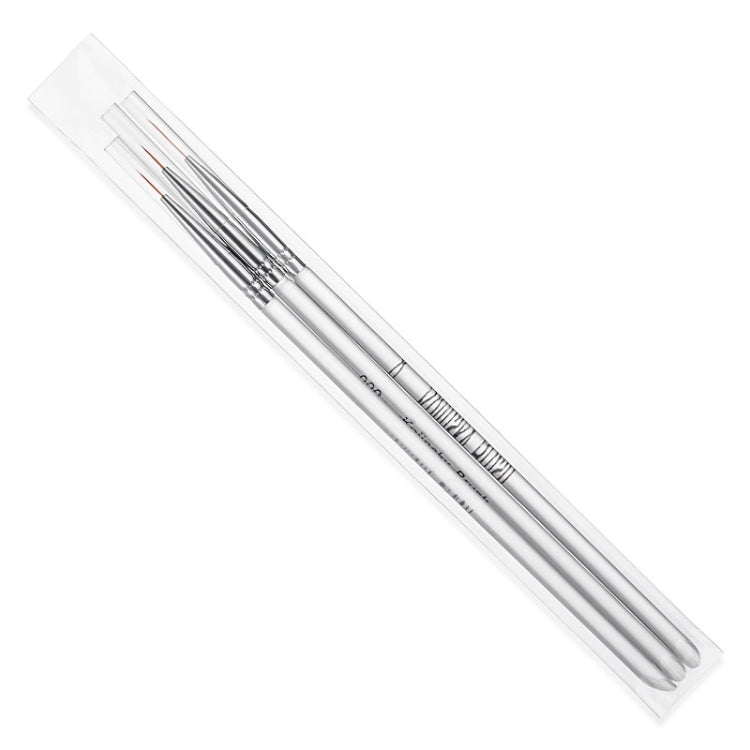 Set of 3 nail art liner brushes, silver handles, stored in clear sleeve