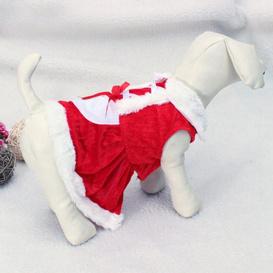 Red Santa-style dog costume coat with white fur trim and bow, side view on small dog