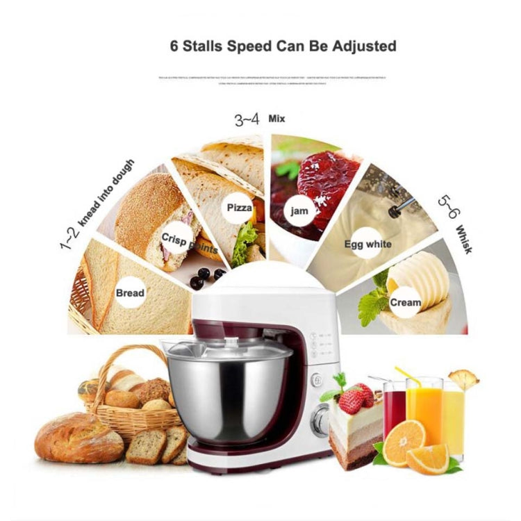 White and burgundy dough mixer with adjustable speed settings and stainless bowl