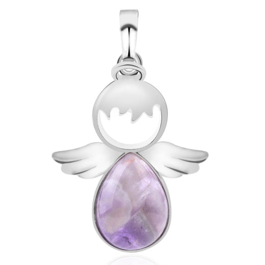 Silver angel wing pendant necklace with amethyst teardrop crystal charm