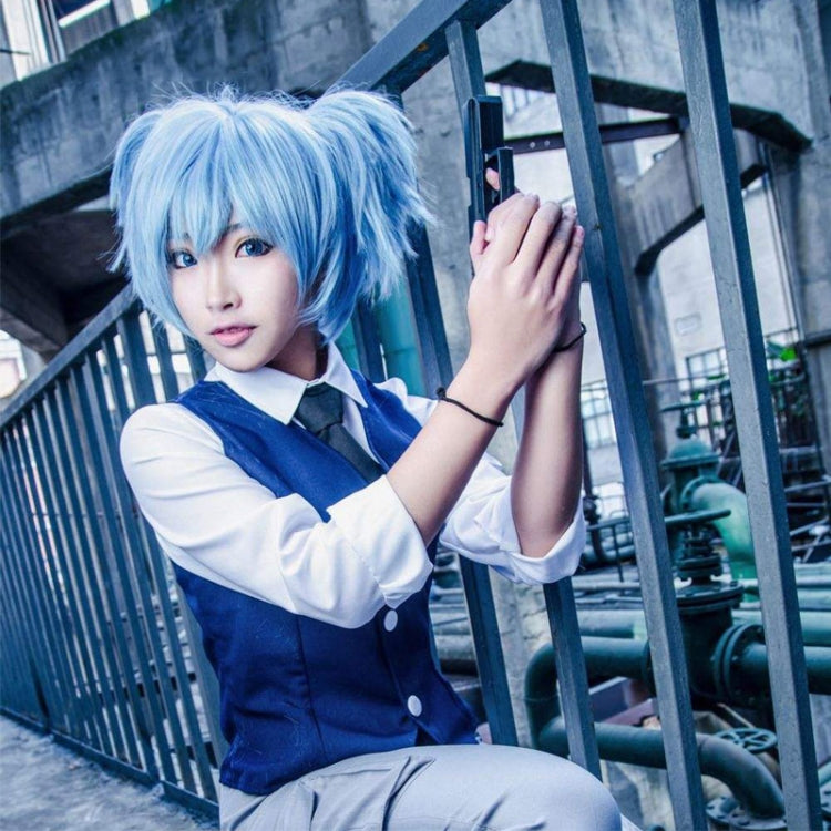 Cosplay outfit with light blue twin-ponytail wig, white shirt, and blue vest.