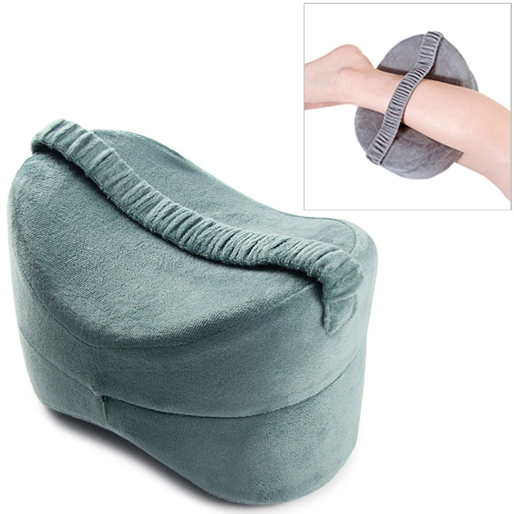 Green knee pillow cushion with ruffled edge and arm strap for leg support