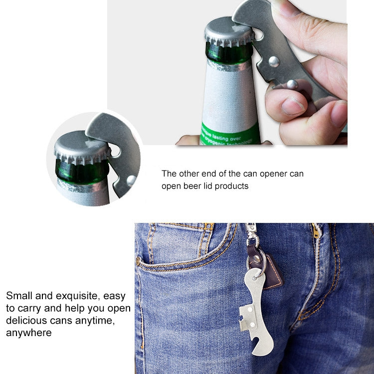 Stainless steel can and bottle opener keychain on denim pocket
