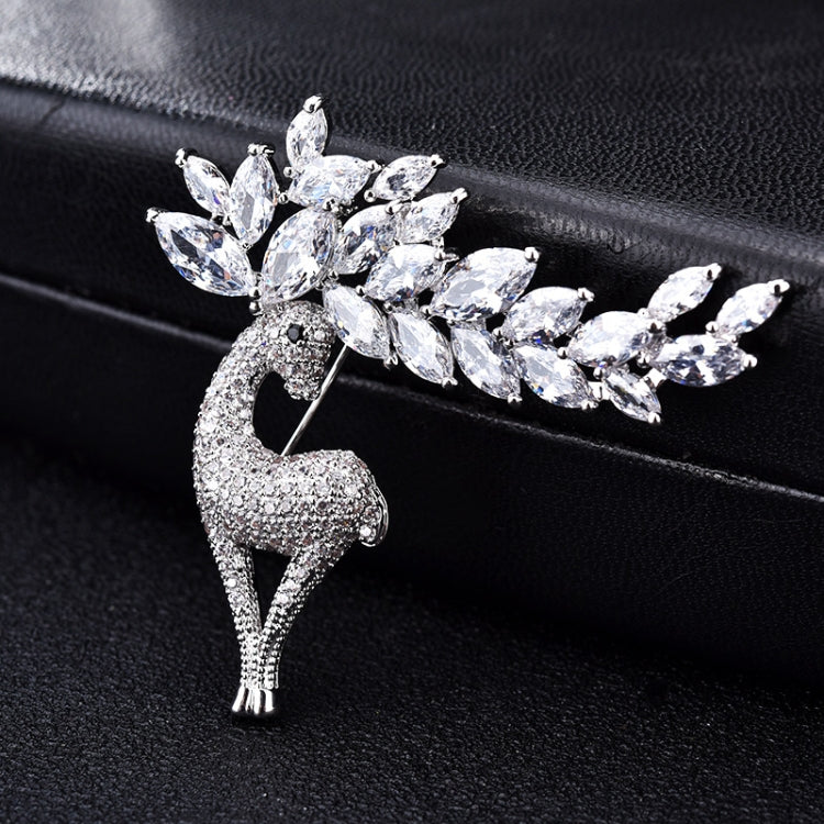 Crystal deer brooch on black fabric, full standing deer with clustered rhinestone antlers